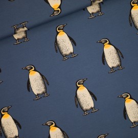 Tissu See you at six French Terry Penguins - bleu plongeur