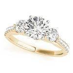 Three Stone Cathedral Engagement Ring with Crescent Side Design Yellow Gold