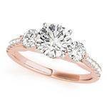 Three Stone Cathedral Engagement Ring with Crescent Side Design in Rose Gold