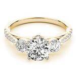 Three Stone Cathedral Engagement Ring with Crescent Side Design Yellow Gold