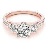 Three Stone Cathedral Engagement Ring with Crescent Side Design in Rose Gold