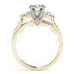 Three Stone Cathedral Engagement Ring with Crescent Side Design Yellow Gold