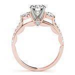 Three Stone Cathedral Engagement Ring with Crescent Side Design in Rose Gold