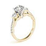 Three Stone Cathedral Engagement Ring with Crescent Side Design Yellow Gold