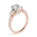 Three Stone Cathedral Engagement Ring with Crescent Side Design in Rose Gold