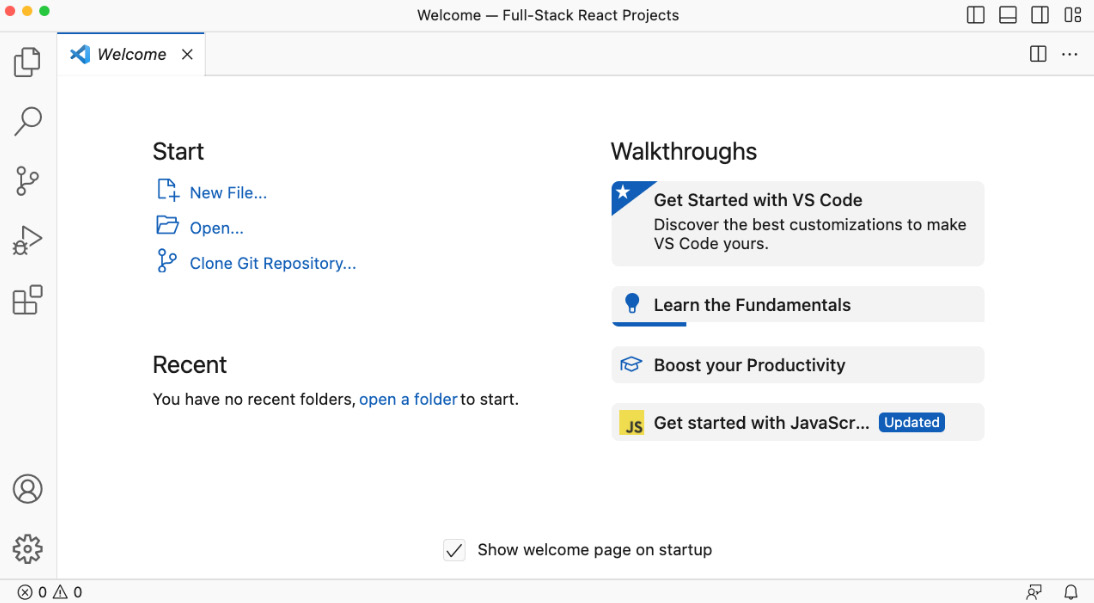 Figure 1.1 – A fresh installation of VS Code (on macOS)