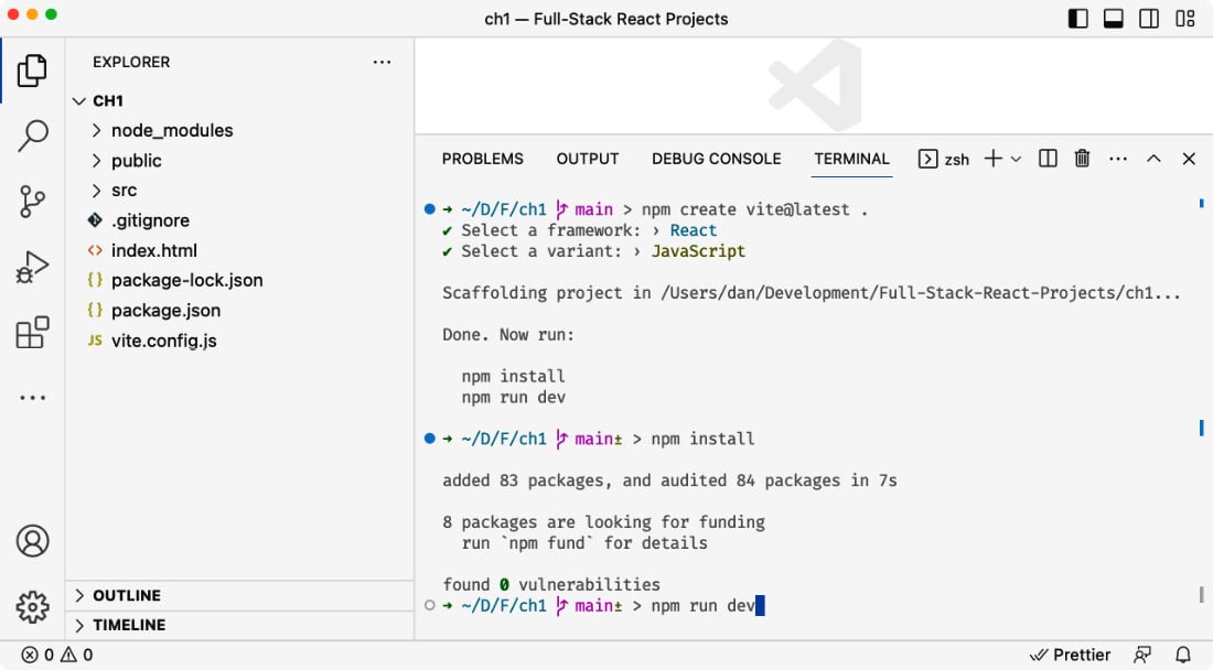 Figure 1.4 – The ﻿Terminal after setting up a project with Vite and before starting the dev server