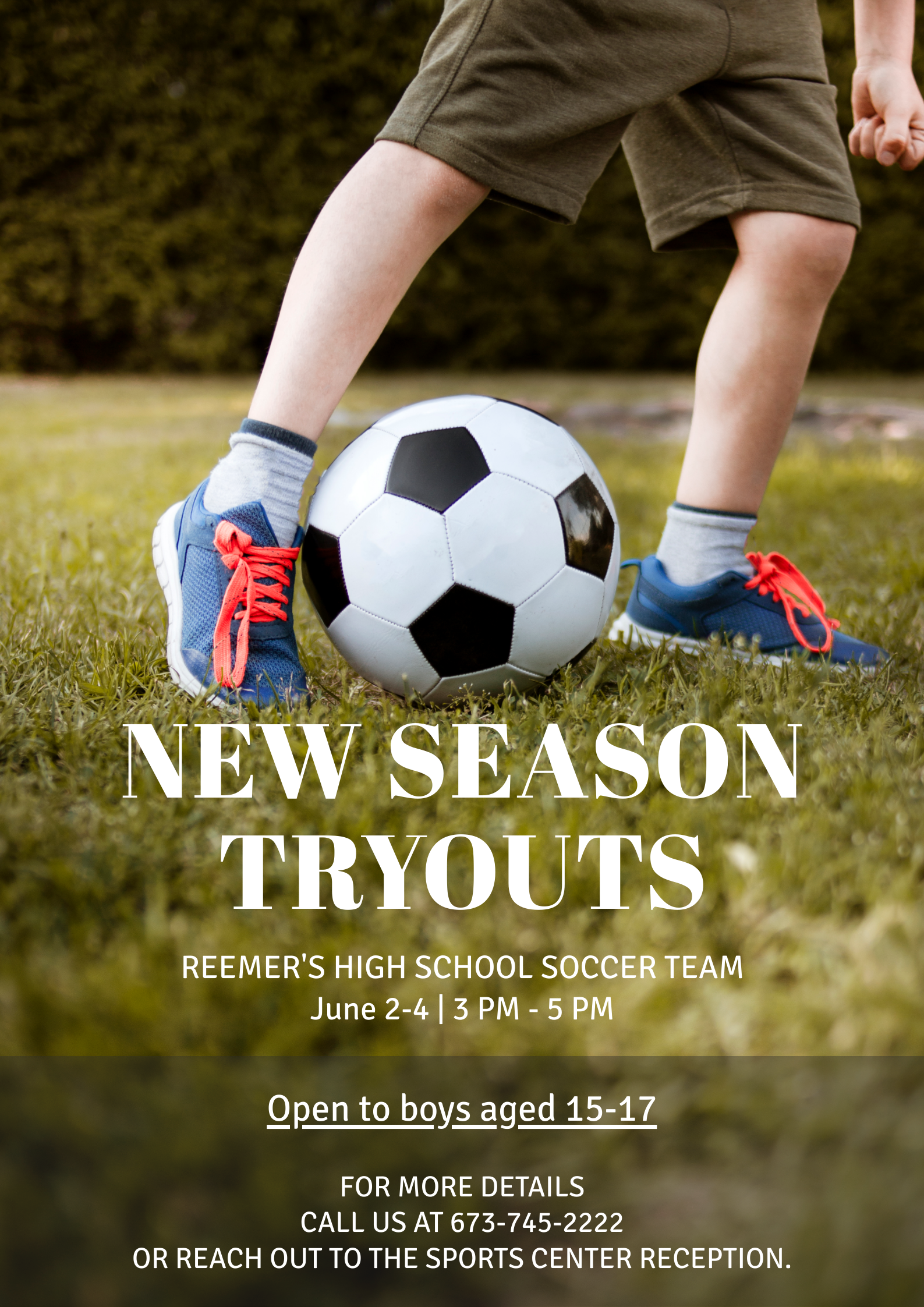 Boy playing football new season tryouts poster template