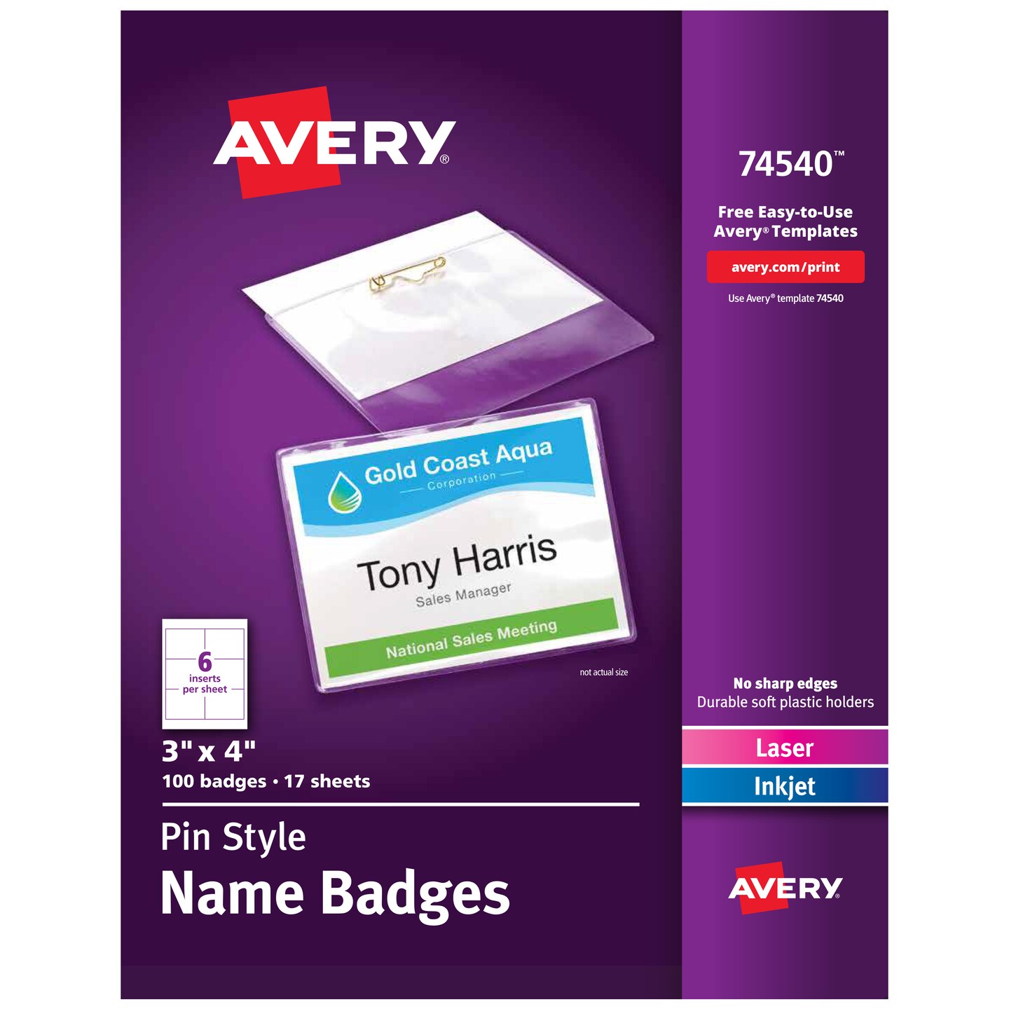 Avery Customizable Name Badges with Pins, 3