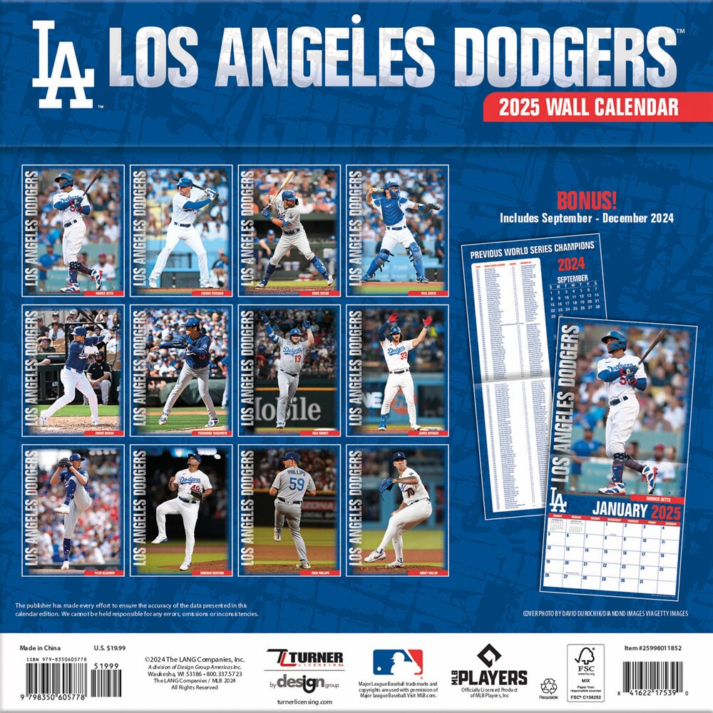 Los Angeles Dodgers OFFICIAL | 2025 12 x 24 Inch Monthly Square Wall Calendar | Turner Licensing | Major League Baseball