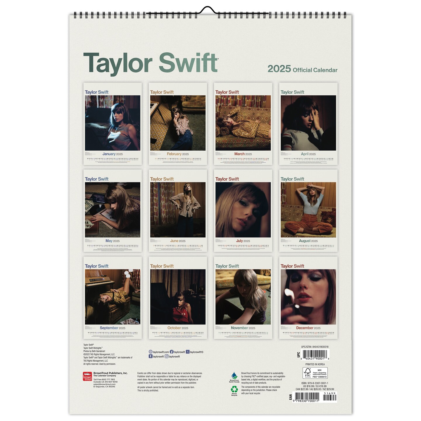 Taylor Swift OFFICIAL | 2025 11.7 x 16.5 Inch A3 Poster Wall Calendar | BrownTrout | Music Pop Singer Songwriter Celebrity