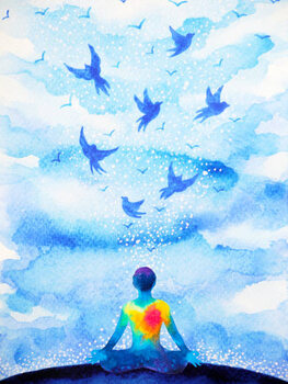 Illustrazione meditation human, flying birds in blue