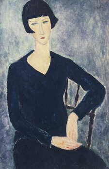 Riproduzione Young woman with a fringe or young seated woman in blue dress