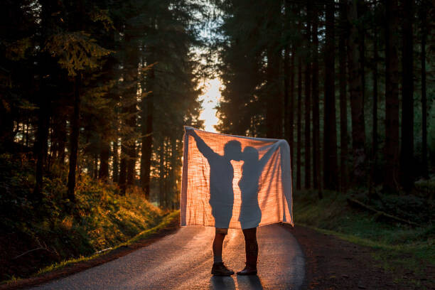 Obraz na płótnie Silhouette of couple holding blanket kissing