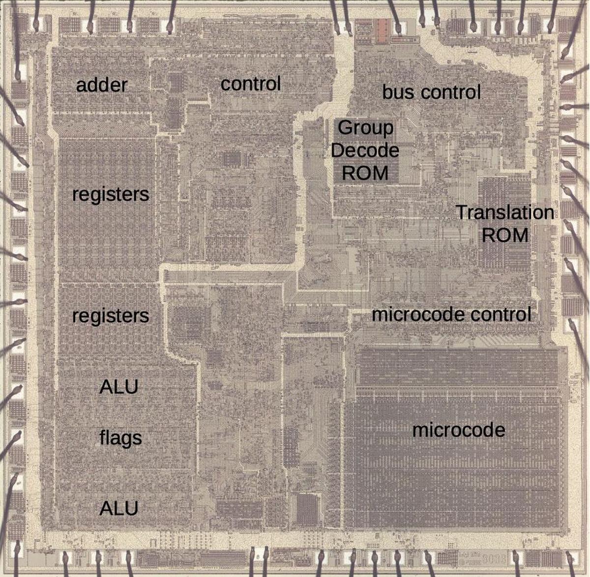 The 8086 die under a microscope, with main functional blocks labeled. This photo shows the chip's single metal layer; the polysilicon and silicon are underneath. Click on this image (or any other) for a larger version.