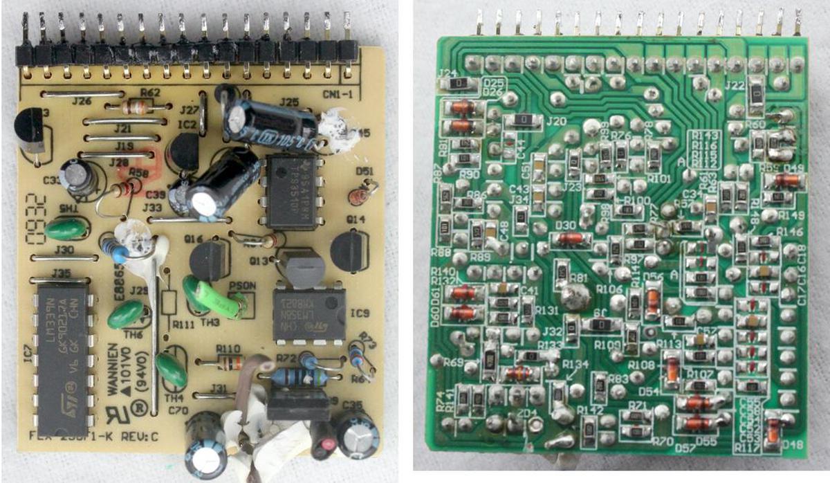 The control board has through-hole components on top and the underside is covered with tiny surface-mount components. Note the "zero-ohm" resistors marked with 0, used as jumpers.