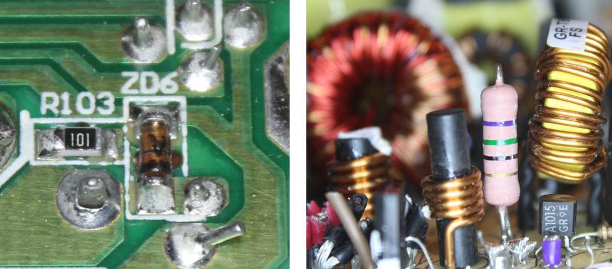 The -12 V supply is regulated by a tiny Zener diode "ZD6", about 3.6 mm long, on the underside of the circuit board. The associated power resistor and transistor "A1015" are on the top side of the board.