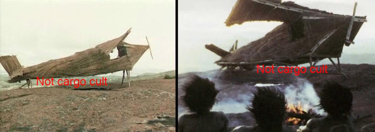 Two photos of a straw plane from "Chariots of the Gods".