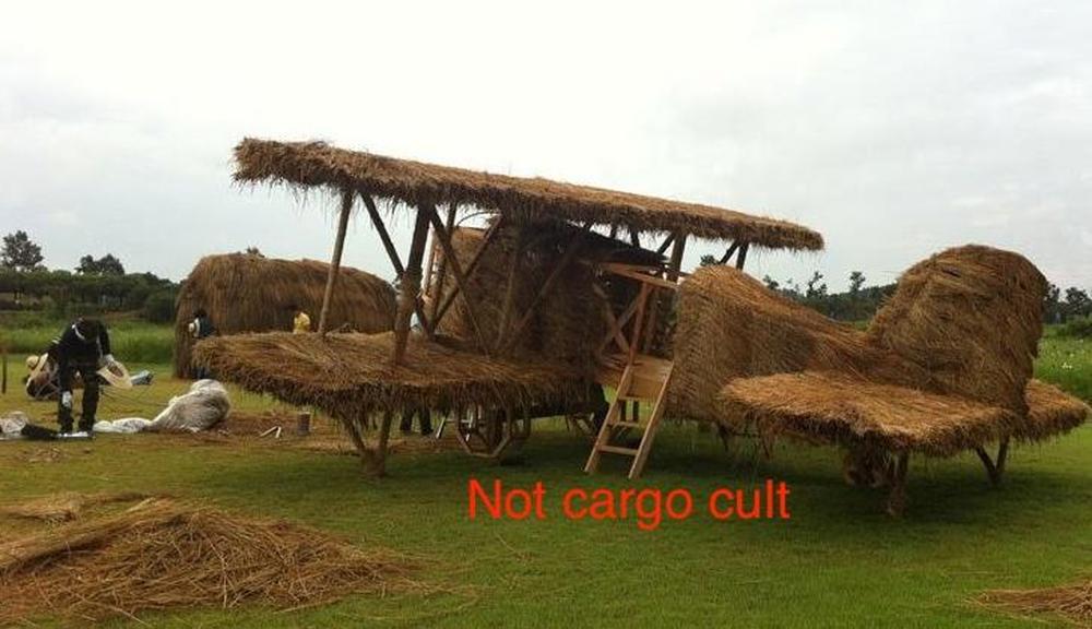 An airplane built from straw, one creation at a Japanese straw festival. I've labeled the photo with "Not cargo cult" to ensure it doesn't get reused in cargo cult articles.