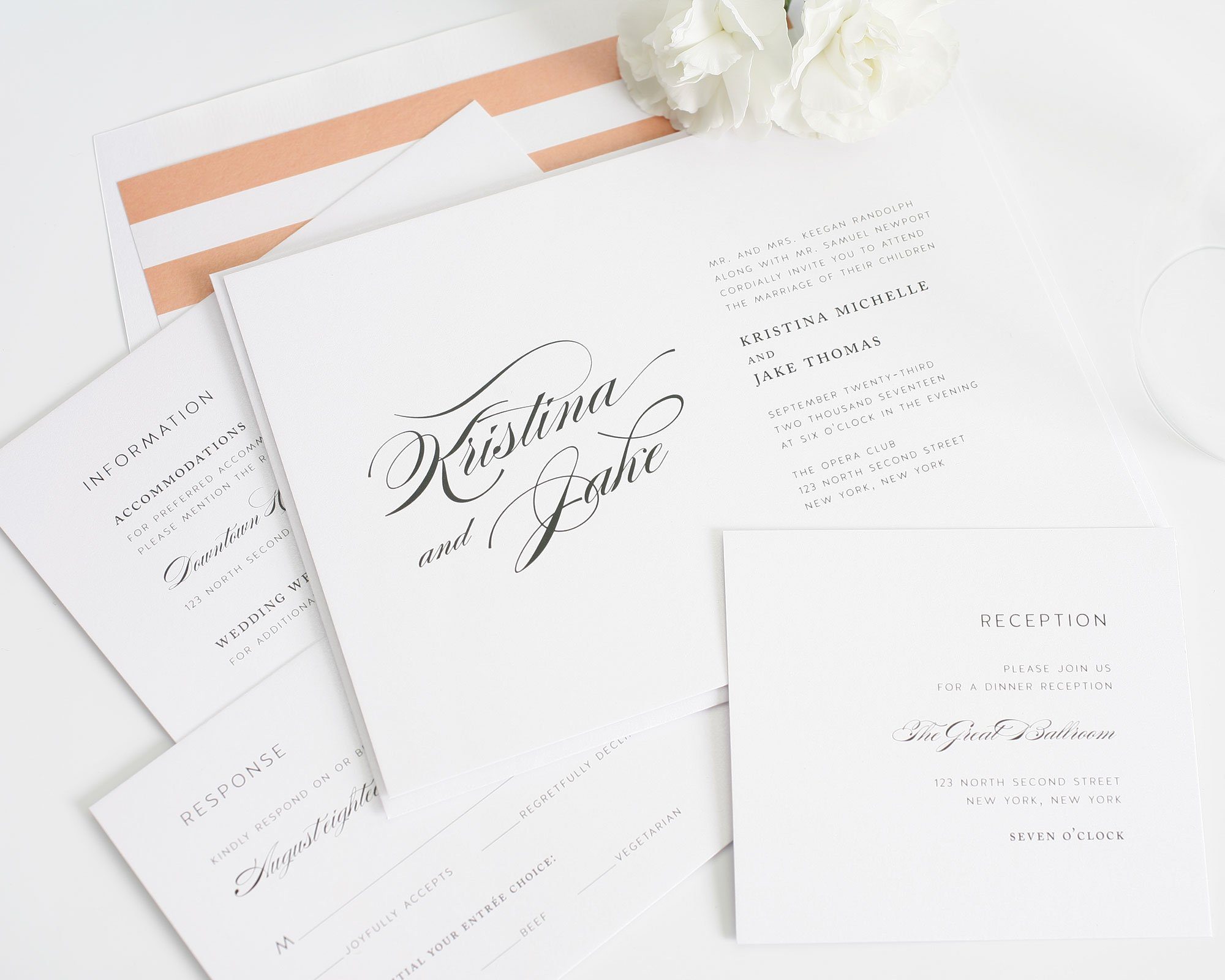 Unique wedding invitations with peach stripes 