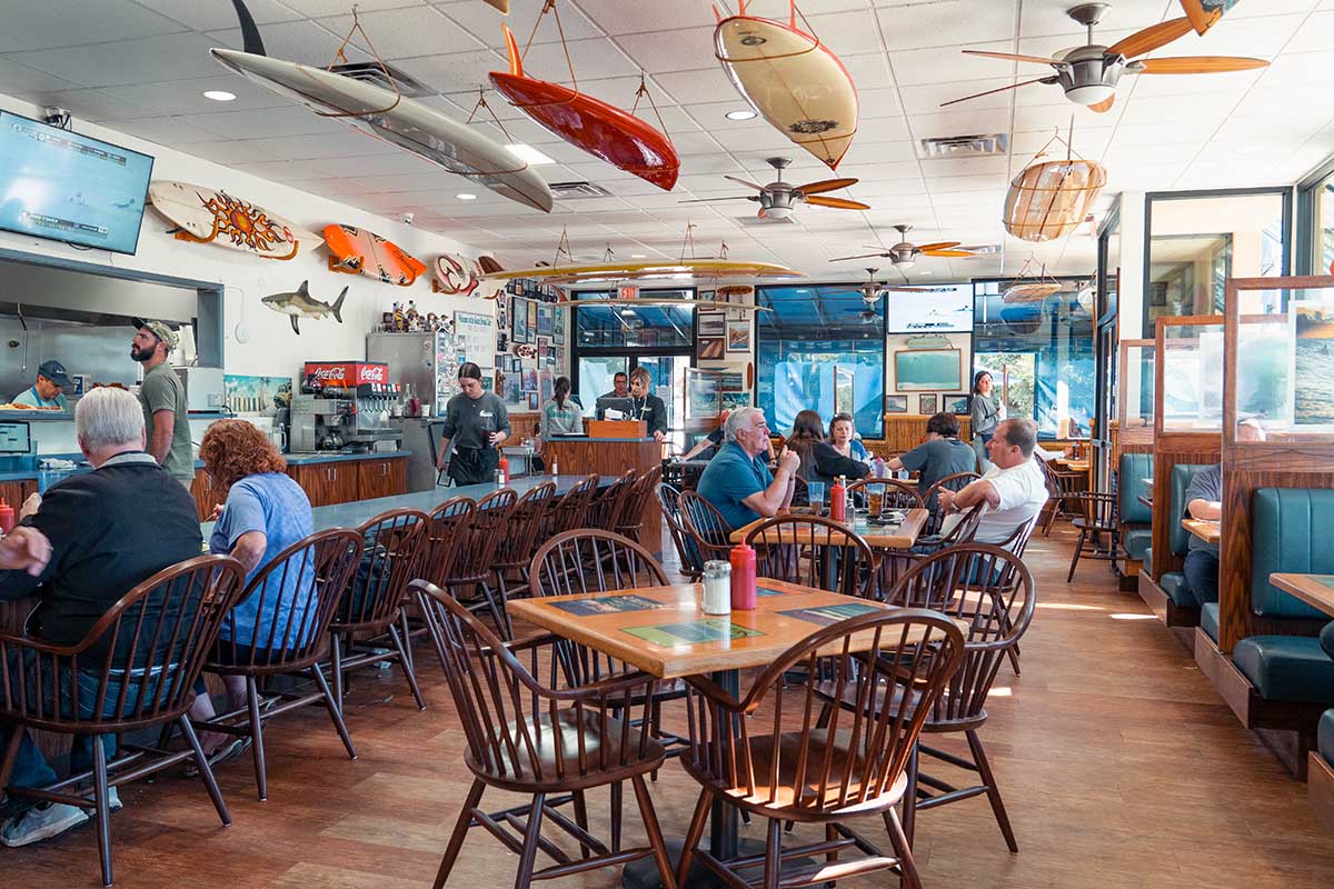 Interior, people sitting at tables, restaurant staff