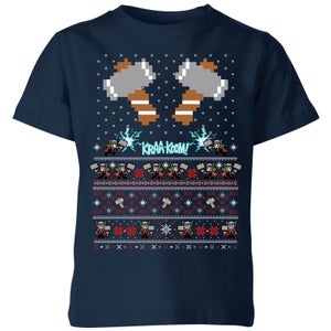 Marvel Avengers Thor Pixel Art Kids Christmas T-Shirt - Navy