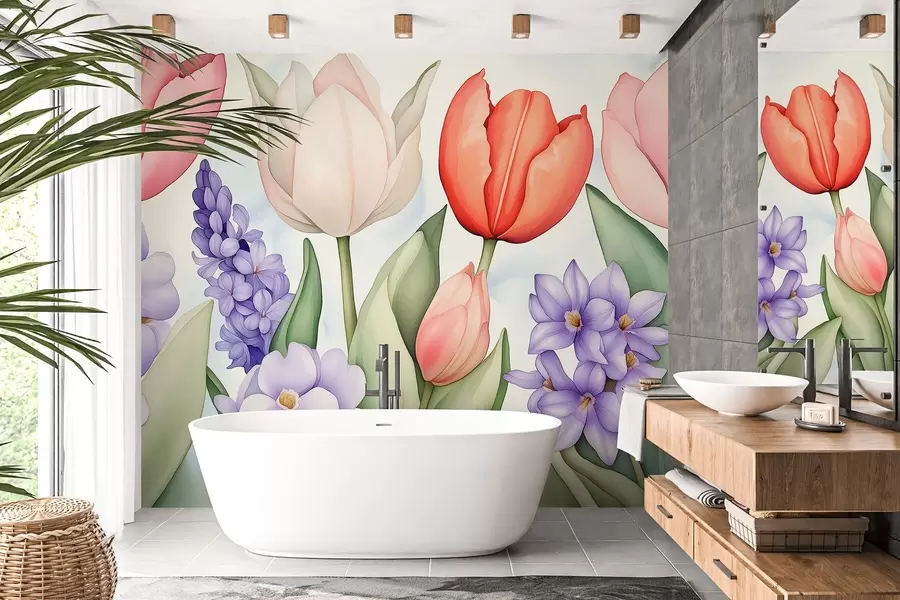 wall murals Spring flowers, tulips, hyacinth, watercolor style drawing, floral w02940