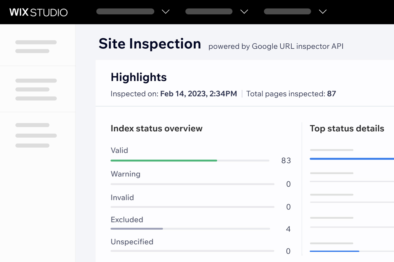 Data from the Wix Site Inspection tool. It has audited 87 website pages and shares information like “index status overview” and “top status overview.” 