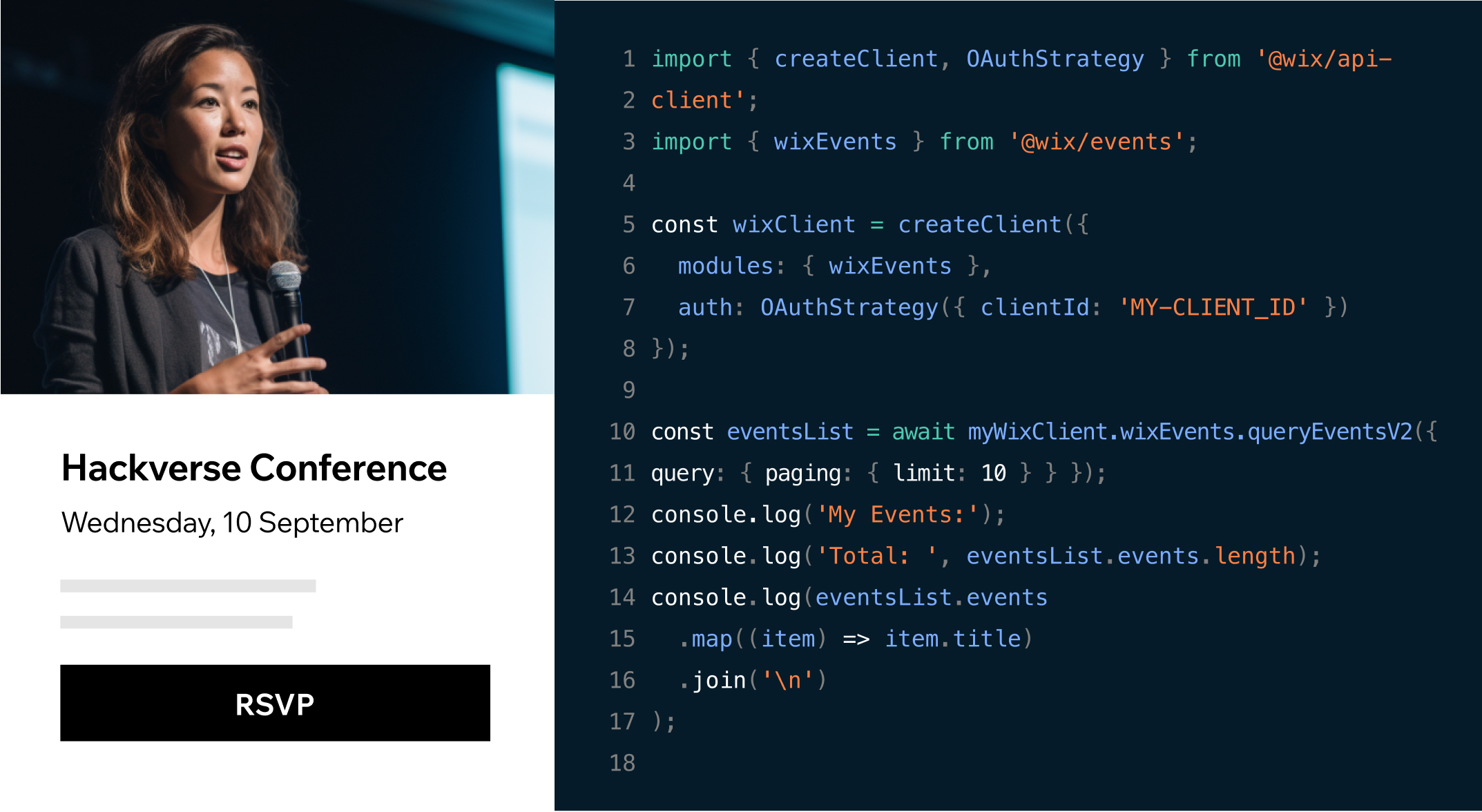  Image split into two parts, the first shows a mockup of hackathon event listing created using the Wix Headless Events API. The other part shows an IDE and the code behind the hackathon event listing.