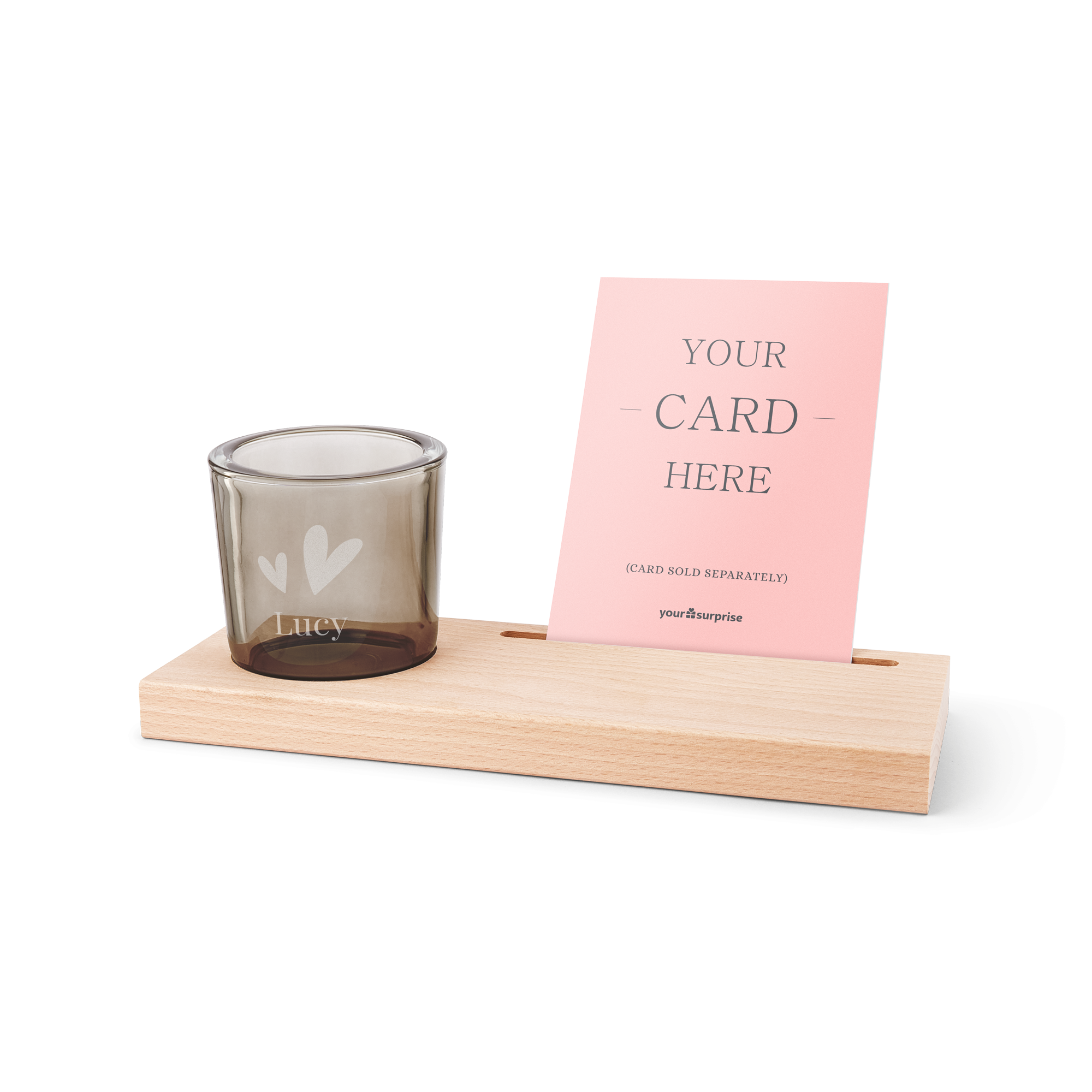 Wooden cardholder with personalised engraved candle holder