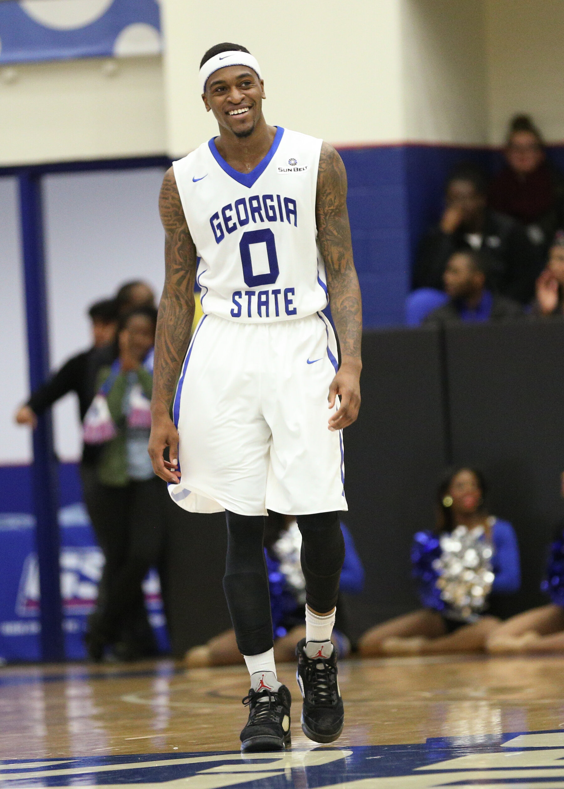 Kevin Ware, wearing a white Georgia State uniform, during season opener game in 2014.