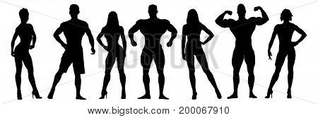 Set of bodybuilders vector silhouettes. Posing muscular men and women