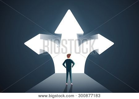 Business Decisions Concept. Vector Of A Perplexed Businessman With Question Mark Standing In Front O