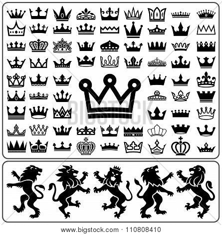 Set of crowns and lion rampant. Heraldry elements design collection.