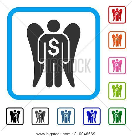 Angel Investor icon. Flat grey iconic symbol in a light blue rounded rectangular frame. Black, gray, green, blue, red, orange color variants of Angel Investor vector.