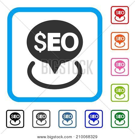 Seo Geotargeting icon. Flat grey iconic symbol in a light blue rounded frame. Black, gray, green, blue, red, orange color variants of Seo Geotargeting vector.