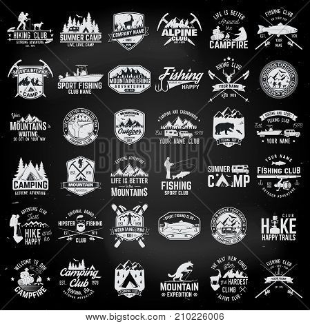 Summer camp, fishing, alpine and hiking club. Vector illustration. Set of vintage badges, labels, logos, silhouettes. Vintage typography collection with 36 items. Outdoors emblems on the chalkboard