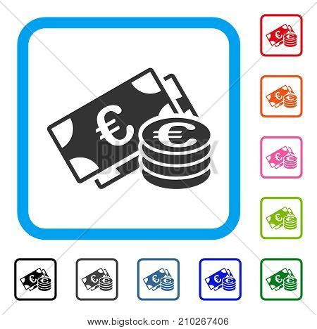 Euro Money icon. Flat grey iconic symbol inside a light blue rounded squared frame. Black, gray, green, blue, red, orange color variants of Euro Money vector.