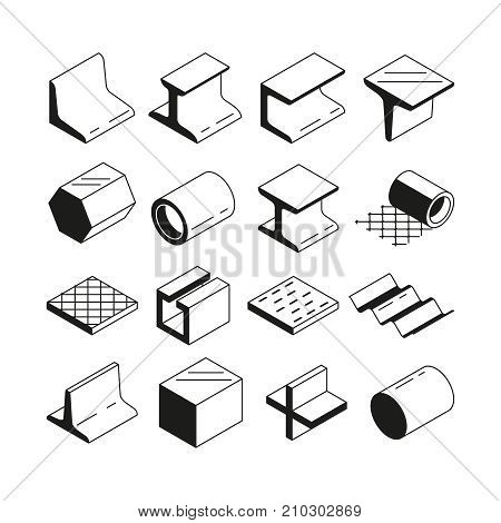 Icons set in monochrome. Metallurgy production. Vector pictures of steel isolate on white. Steel construction production, material metal tube and profile illustration