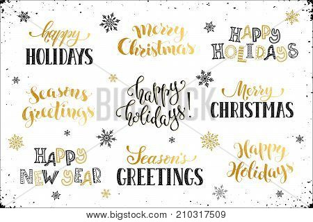 Hand written New Year phrases. Greeting card text  with snowflakes isolated on white background. Happy holidays lettering in modern calligraphy style. Merry Christmas and Seasons Greetings lettering.