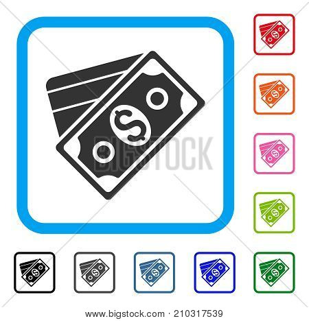 Money icon. Flat gray pictogram symbol inside a light blue rounded squared frame. Black, gray, green, blue, red, orange color versions of Money vector. Designed for web and application interfaces.