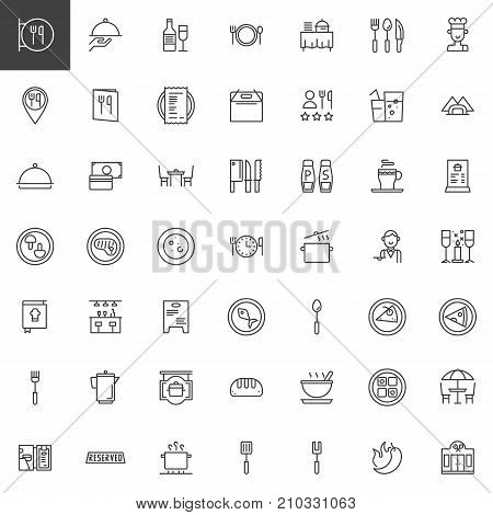 Restaurant cafe line icons set, outline vector symbol collection, linear style pictogram pack. Signs, logo illustration. Set includes icons as restaurant sign, restaurant location, dishes and food