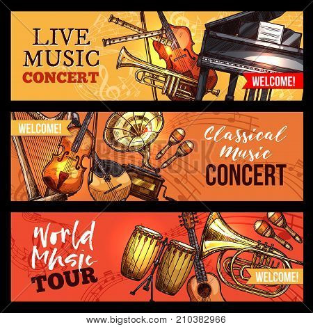 Live music concert or band world tour banners of musical instruments. Vector sketch violin fiddle or contrabass and percussion drum or maracas, harp and trumpet or saxophone, piano and banjo guitar