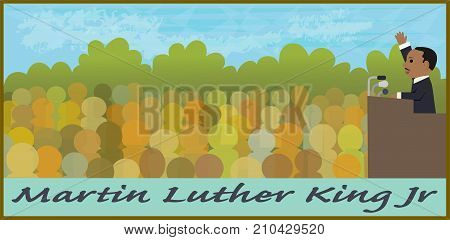 Cartoon illustration of Martin Luther King Jr speaking in front of a crowd. Eps10