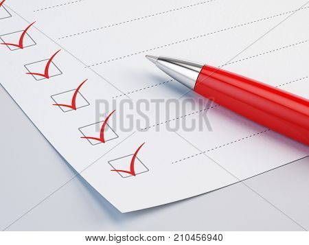 Checklist concept - checklist, paper and red pen. 3d illustration