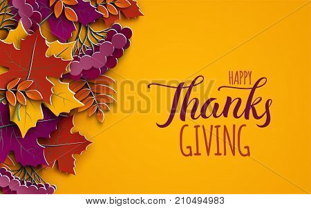 Thanksgiving holiday banner with congratulation text. Autumn tree leaves on yellow background. Autumnal design for fall season poster thanksgiving greeting card paper cut style vector illustration