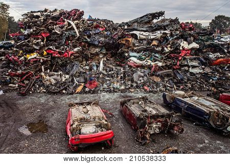 Car Wreck On The Roof In Car Scrapyard