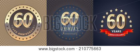 60 years anniversary vector icon logo set. Graphic design element with golden 3D numbers for 60th anniversary decoration