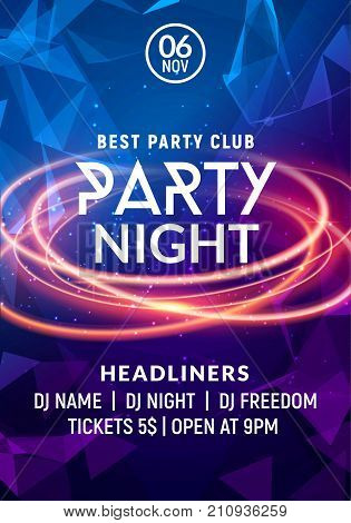 Night dance party music night poster template. Electro style concert disco club party event flyer invitation.