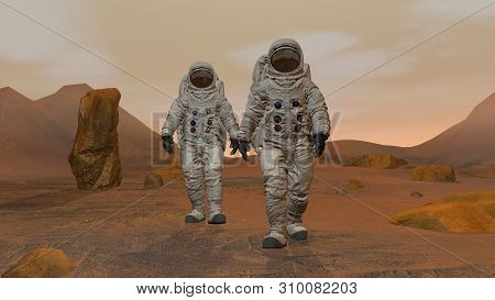 3d Rendering. Colony On Mars. Two Astronauts Wearing Space Suit Walking On The Surface Of Mars. Expl